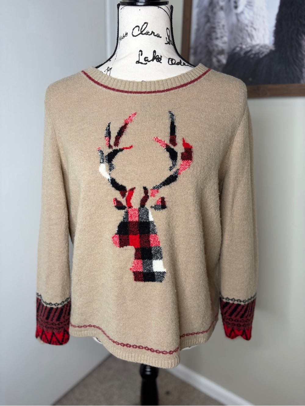 Woolrich Beige Crewneck Sweater with Red Black Plaid Reindeer